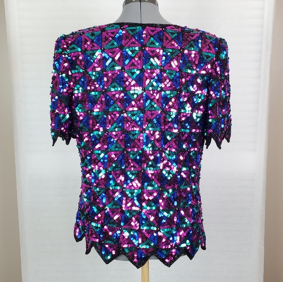 LAST CHANCE Vtg Laurence Kazar | L | 100% silk sequin v-neck - Picture 3 of 10